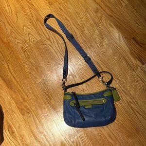 Blue and green coach purse